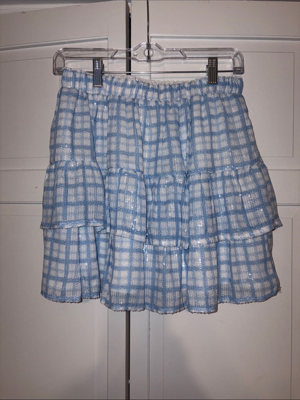 Sequined Blue Plaid Tiered Mini Skirt